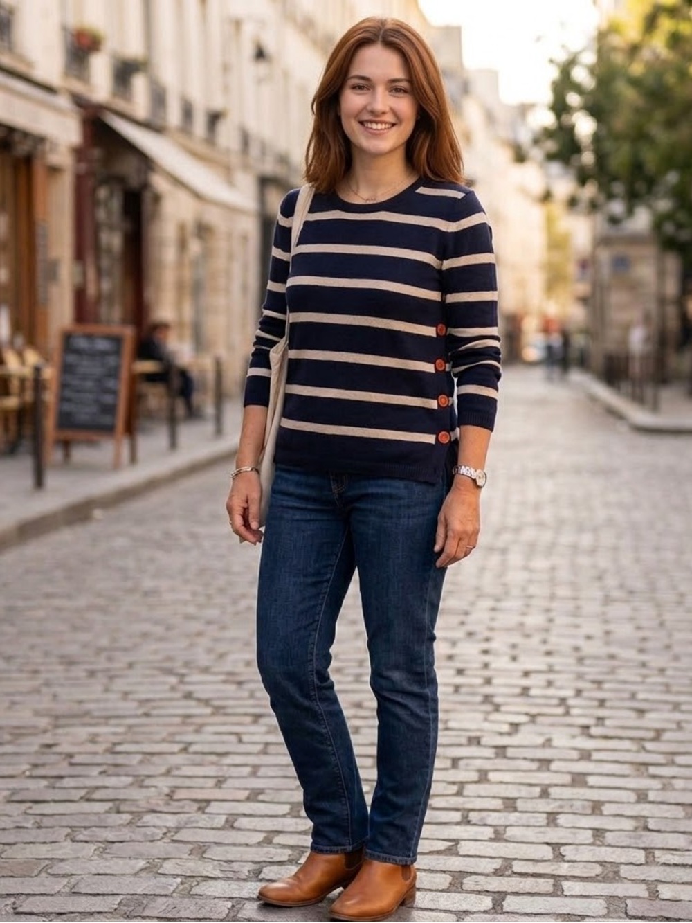 Tulchan Wool Navy & Cream Striped Crewneck Sweater